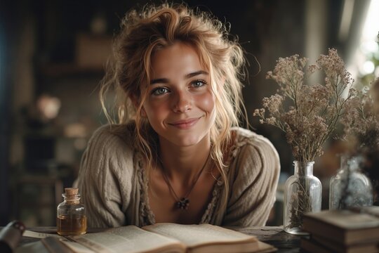 A woman sitting at a table with a book and a vase of flowers