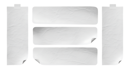 A collection of crumpled white paper stickers and labels with torn edges and peeling corners are isolated on a transparent background
