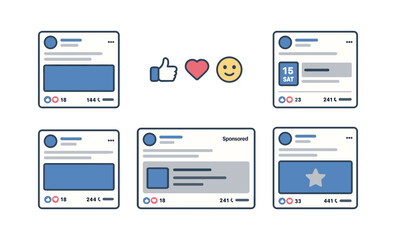 Variety of facebook post layouts with icons and engagement metrics