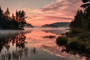 Fototapeta premium tranquil dawn at lake where first light of day gently kisses still waters creating mirror effect of vibrant sky
