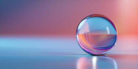 Transparent glass sphere rests on smooth, reflective surface with gradient background of blue and pink hues, creating serene and modern atmosphere