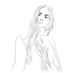 This is a minimalist black and white line drawing of a woman with long, straight hair. She is looking up and away with a contemplative, thoughtful expression.

