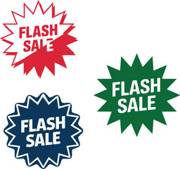 Flash sale promotional starburst labels with bold typography in red green and blue colors isolated on white background