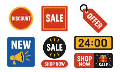 Colorful promotional stickers featuring sale, discount, offer, and new announcements