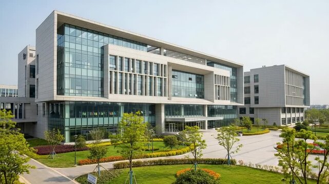 Modern office building exterior with landscaped garden. Corporate headquarters or university campus on a sunny day. Contemporary architecture with glass facade.