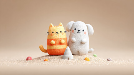 A cute 3D illustration of a cat and dog building a sandcastle together at the beach.