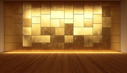 Golden rectangular panels on a wall in a room