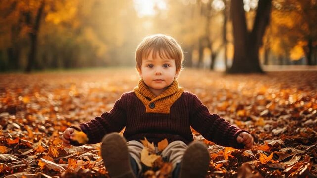 Adorable little boy sitting on the ground covered with golden autumn leaves. Child playing in a park during fall season with falling leaves.