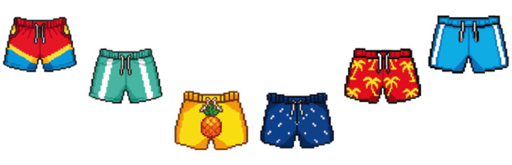 Various of boxer beach with summer beach pattern in pixel art style