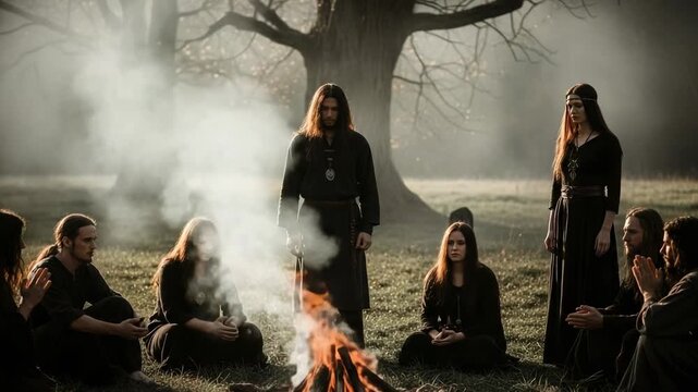 A coven of people in dark robes gathered for a spiritual ceremony around a campfire. Ancient pagan ritual in a misty forest.