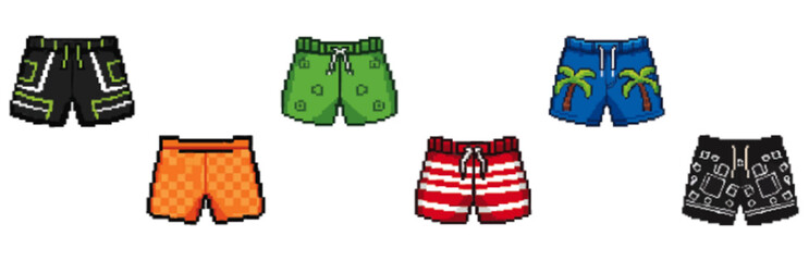 A collection of six diversely patterned men's swim shorts, showcasing various colors and designs.