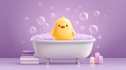 A cute 3D cartoon duckling blowing bubbles in a bathtub, perfect for playful imagery.