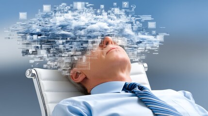 Person reclining in white chair with closed eyes, digital pixel cloud emerging from forehead, blue shirt, striped tie, gradient blue-gray background, conceptual imagery of data, thoughts