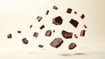 Flying Chocolate Chunks – Isolated Exploding Pieces of Dark Chocolate on White Background
