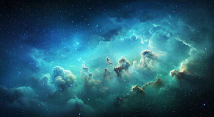 Obraz premium Breathtaking Cosmic Nebula: Vibrant Blue and Teal Gas Clouds Amidst a Starry Galactic Tapestry of Deep Space