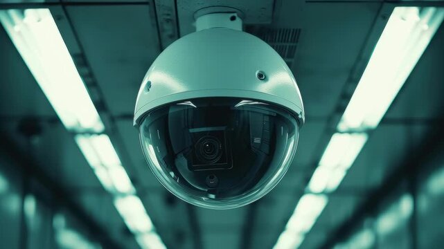 Surveillance Camera Hanging on Ceiling with Neon Light Reflections in Modern Urban Environment