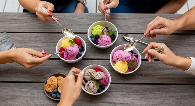 Friends hands scooping diverse colorful ice cream desserts with berries on table