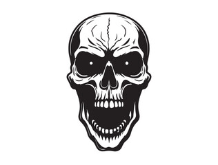  Black vector image of a ghostly skull face with sunken eyes and stretched mouth, minimal on white