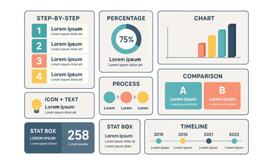 Infographic elements: step-by-step, percentage, chart, process, comparison, stat box, timeline