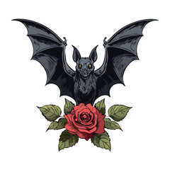 Halloween gothic style vintage sketch of a scary bat holding a red rose
