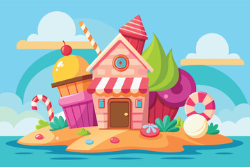 Whimsical candy land beach house with sweets