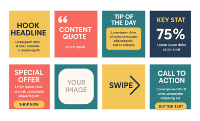 Fototapeta premium Flat carousel template with tips, quotes, and calls to action in editable text areas