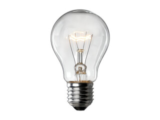 Glowing filament inside clear glass bulb with metal base light image, Isolated, Transparent Png