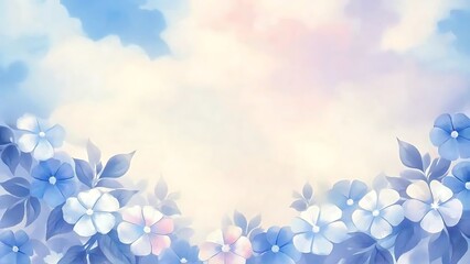 Naklejka premium Dreamy blue flowers and leaves frame a serene cloudy sky for a peaceful composition