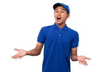 Shocked young asian delivery man wearing blue uniform isolated on white background