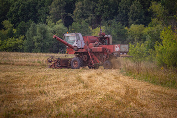 Fototapeta premium A Soviet combine harvester is working in the field