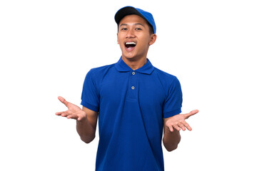 Shocked young asian delivery man wearing blue uniform isolated on white background