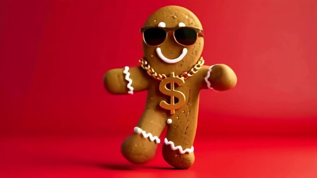 Hip Hop Christmas Gingerbread Cookie Break Dancing on a Red Background. Seamless Loop