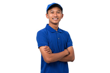 Portrait of smiling young asian delivery man wearing blue uniform isolated on white background