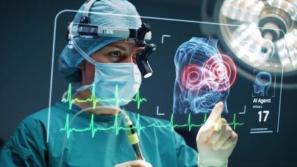 Surgeon using a holographic AI agent for real-time data during a medical procedure. Medicine, technology, future concept. - Powered by Adobe
