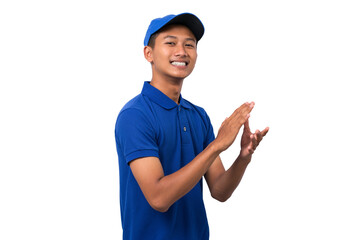 Young asian delivery man wearing blue uniform smiling clapping hands isolated on white background