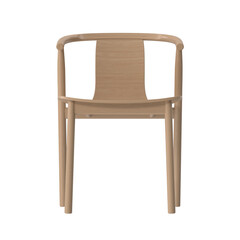 Front view of a minimalist light wood armchair, 3d render, isolated on transparent background.