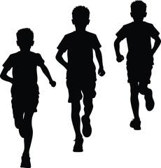 Silhouette vector of a group of boys running front view, isolated on a transparent background.