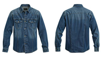 Slim-fit denim shirt with western yoke and faded wash isolated on transparent background png