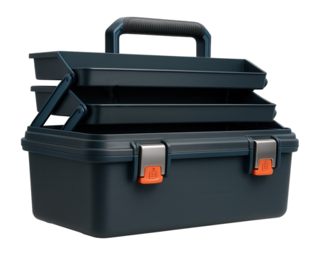 Rectangular tackle box with cantilever trays and secure latches for boat fishing