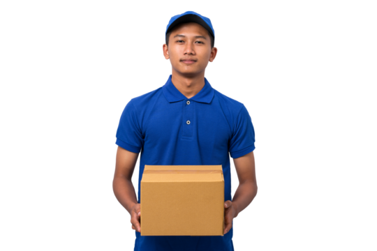 Smiling young asian delivery man wearing blue uniform holding cardboard box on white background