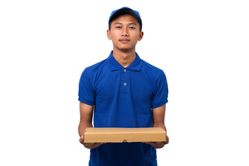 Smiling young asian delivery man wearing blue uniform holding pizza box on white background
