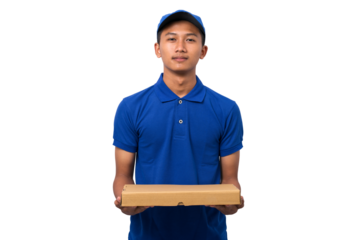Smiling young asian delivery man wearing blue uniform holding pizza box on white background