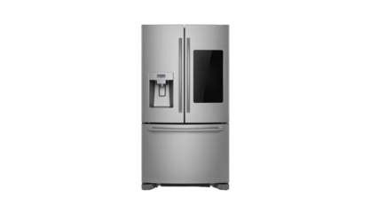 A spacious four-door refrigerator with a touch screen interface isolated on transparent background png