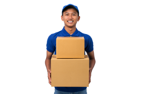 Smiling young asian delivery man wearing blue uniform holding cardboard box on white background