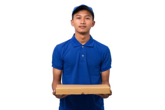 Smiling young asian delivery man wearing blue uniform holding pizza box on white background