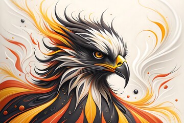 Fototapeta premium Majestic eagle displays stylized plumage with black, white, and orange accents over a light background