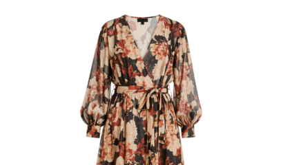 Chiffon wrap dress with long sleeves and a tie waist isolated on transparent background png
