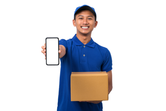 Asian delivery man wearing blue uniform holding cardboard box showing smartphone with blank screen