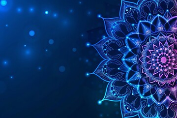 Ornate cyan and purple line art mandala glistens against dark blue background with bokeh