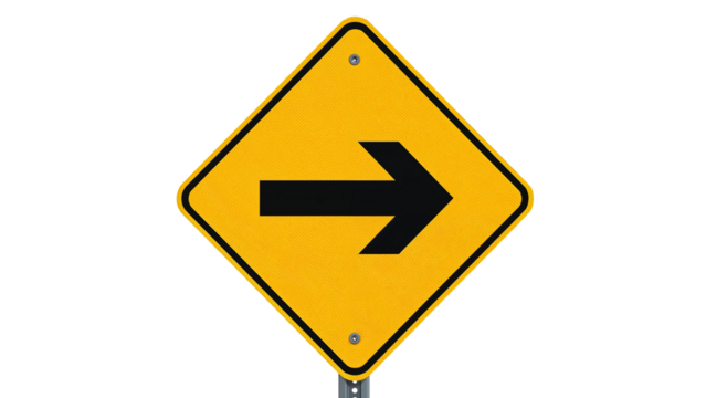 Yellow traffic sign with a black right arrow indicating direction isolated on transparent background png